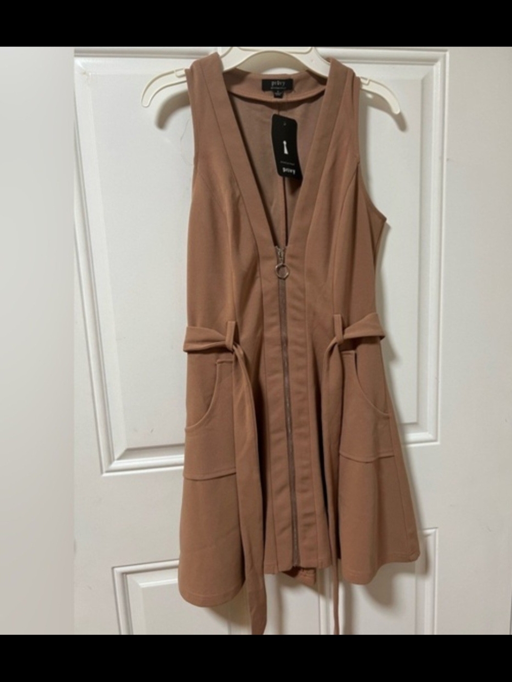 privy Zip-Front Sleeveless Mini Dress in Camel